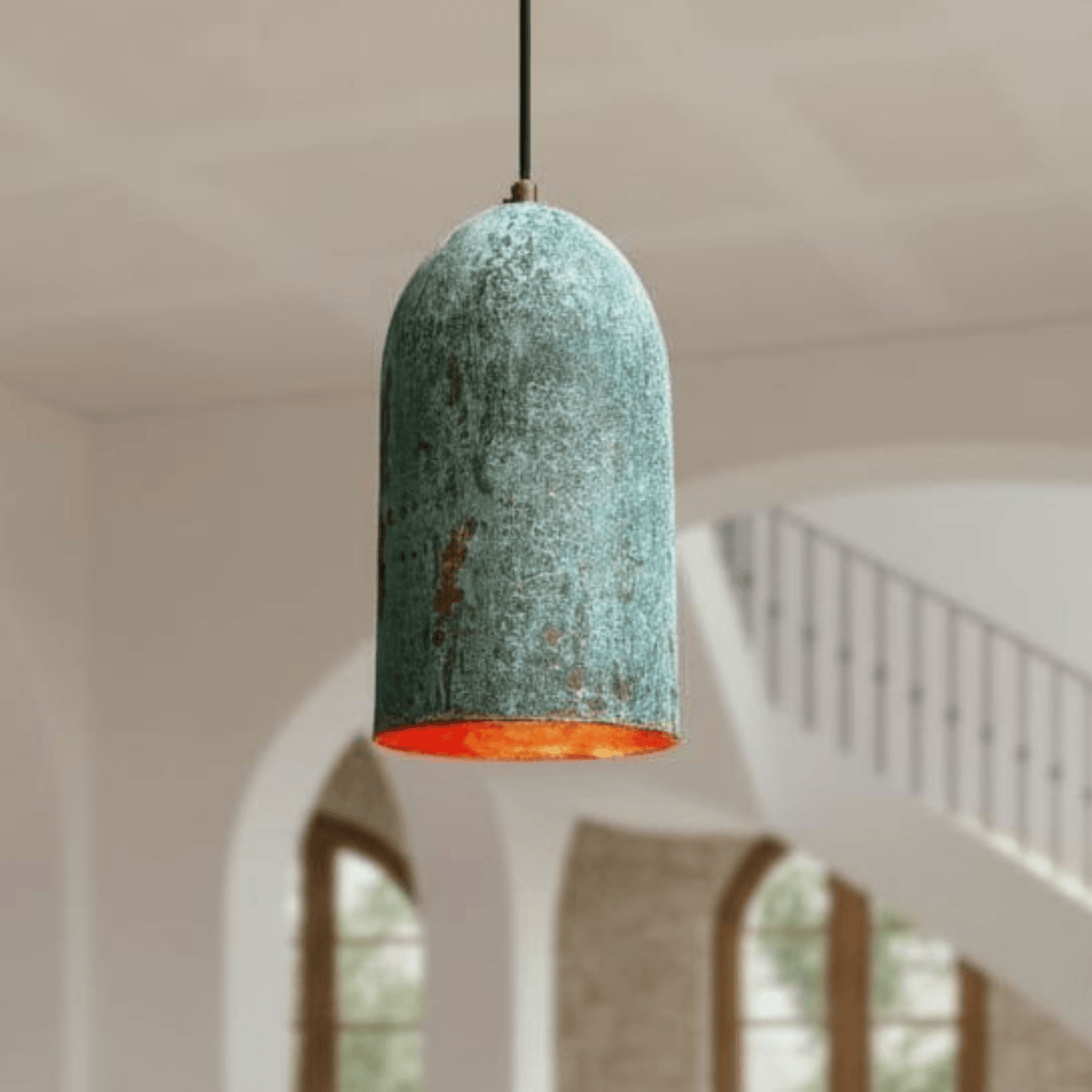 Verdigris Copper Cylinder Pendant – Tall Green Patina Light for Kitchens - BRASSDORIA