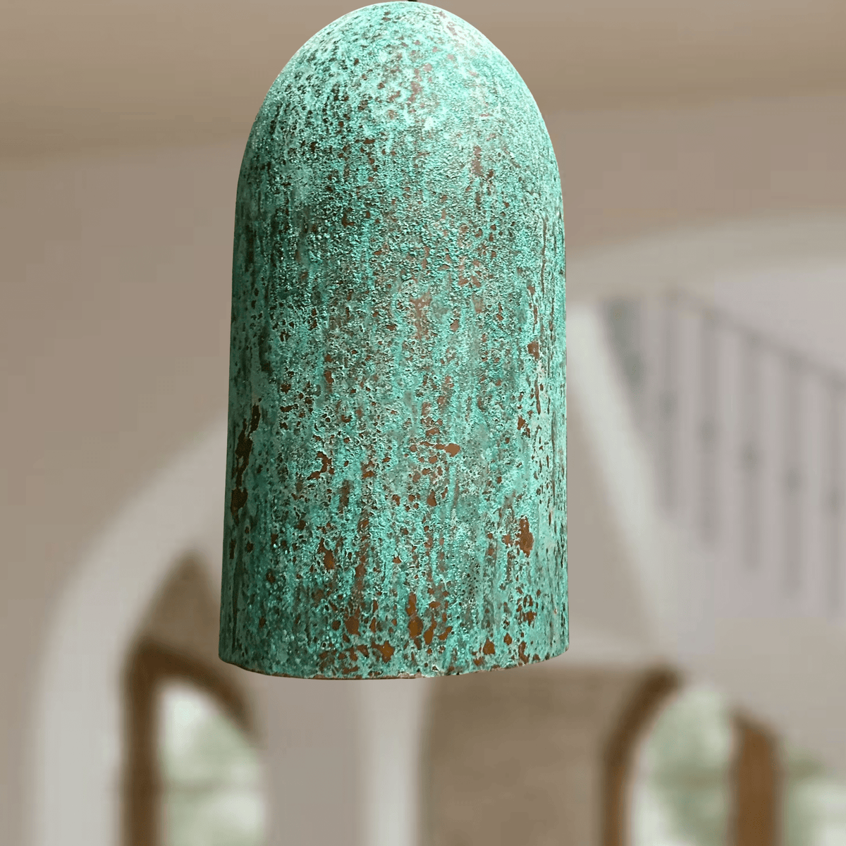 Verdigris Copper Cylinder Pendant – Tall Green Patina Light for Kitchens - BRASSDORIA
