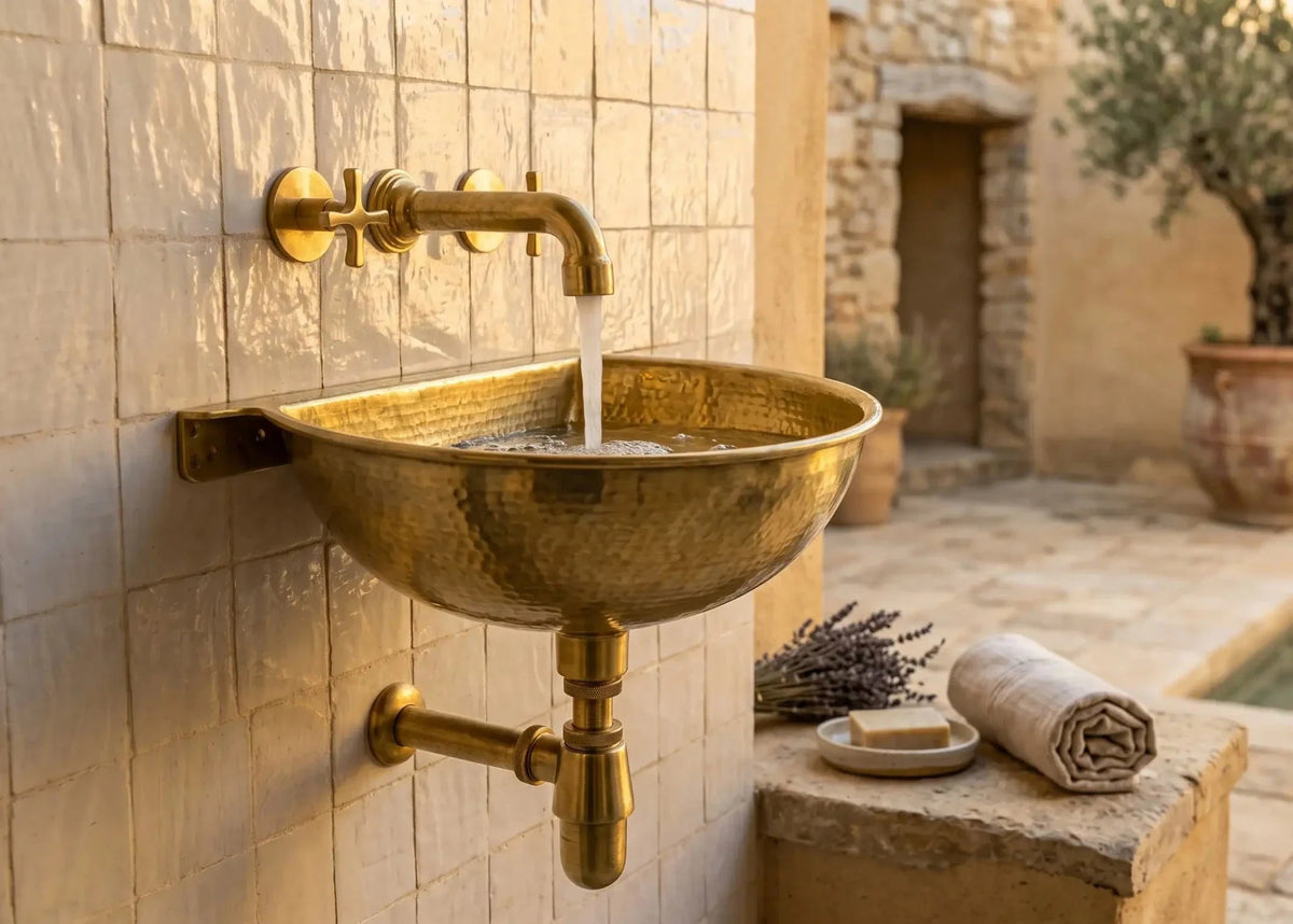 Vintage Brass Wall Mounted Sink with Unlacquered Brass Faucet - BRASSDORIA