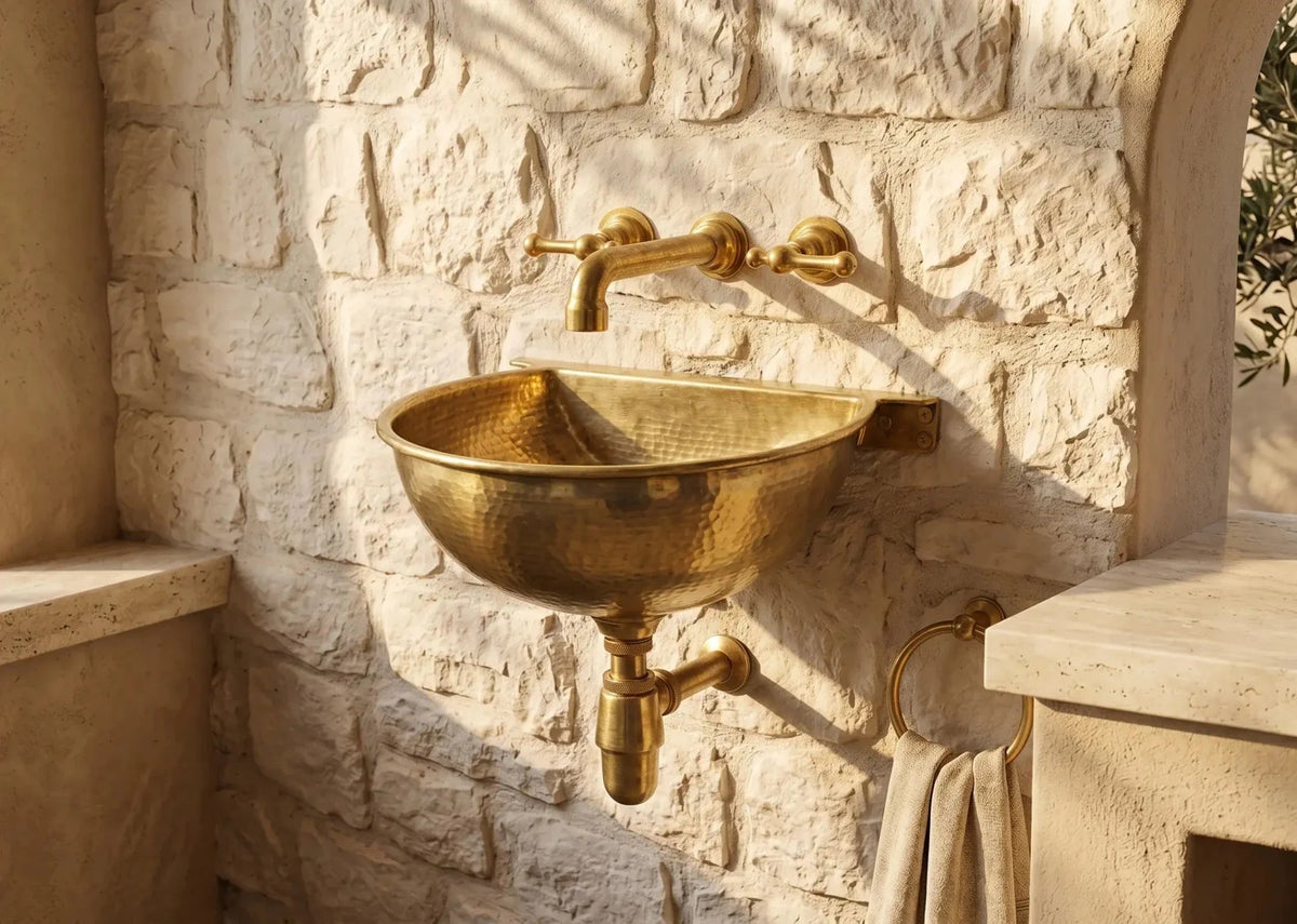 Vintage Brass Wall Mounted Sink with Unlacquered Brass Faucet - BRASSDORIA