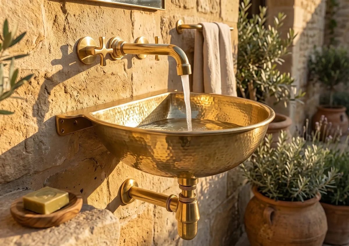 Vintage Brass Wall Mounted Sink with Unlacquered Brass Faucet - BRASSDORIA