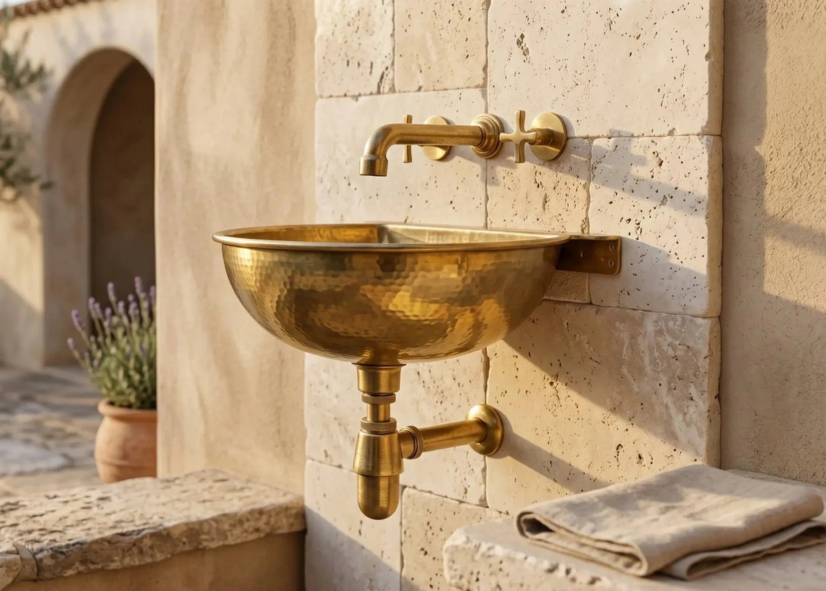 Vintage Brass Wall Mounted Sink with Unlacquered Brass Faucet - BRASSDORIA