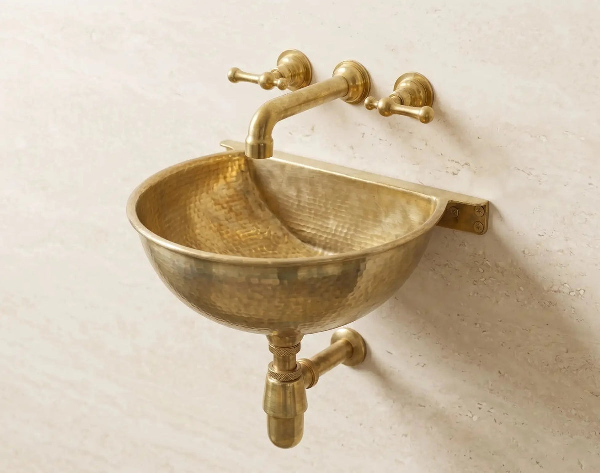 Vintage Brass Wall Mounted Sink with Unlacquered Brass Faucet - BRASSDORIA