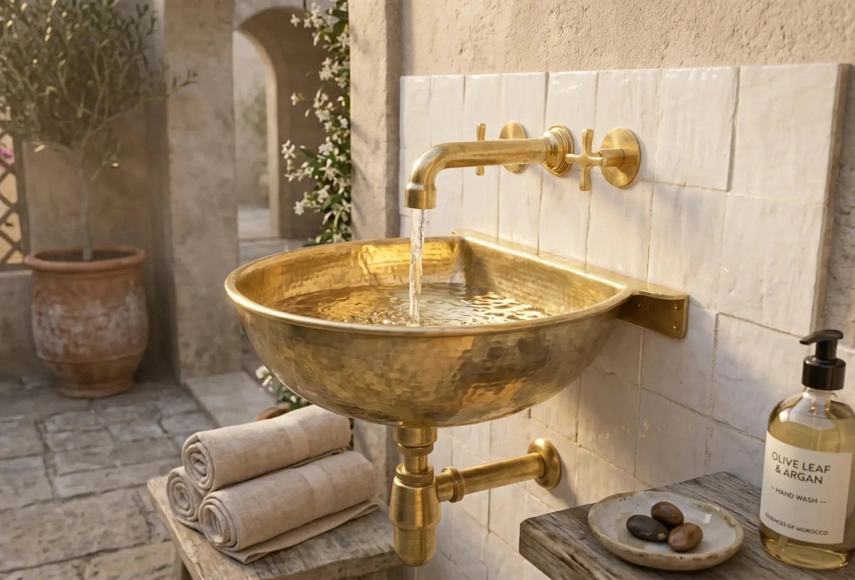 Vintage Brass Wall Mounted Sink with Unlacquered Brass Faucet - BRASSDORIA