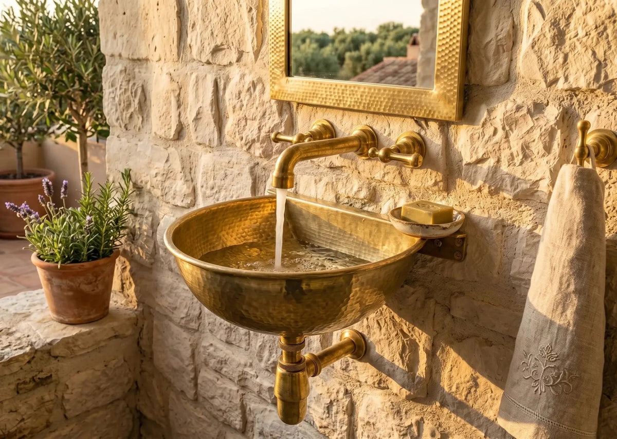 Vintage Brass Wall Mounted Sink with Unlacquered Brass Faucet - BRASSDORIA