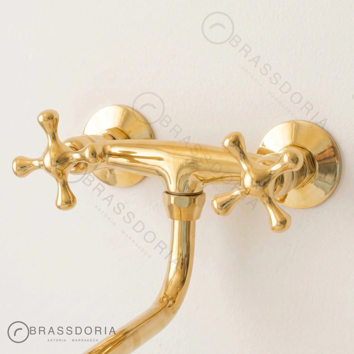 Wall-Mounted Unlacquered Brass Faucet – Cross Handles & Swivel Gooseneck Spout - BRASSDORIA