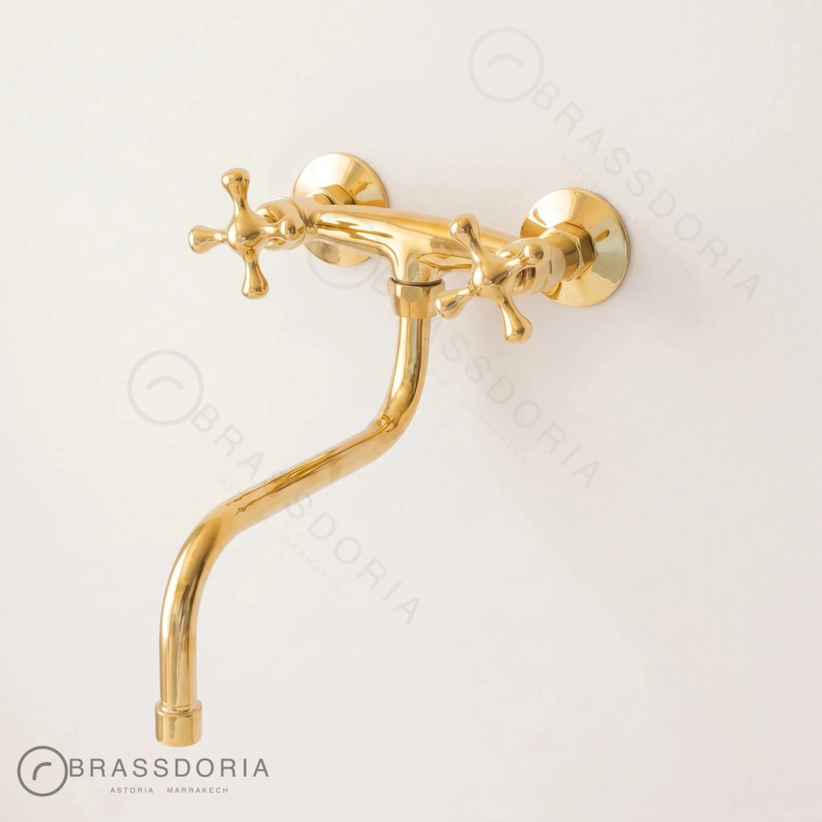 Wall-Mounted Unlacquered Brass Faucet – Cross Handles & Swivel Gooseneck Spout - BRASSDORIA
