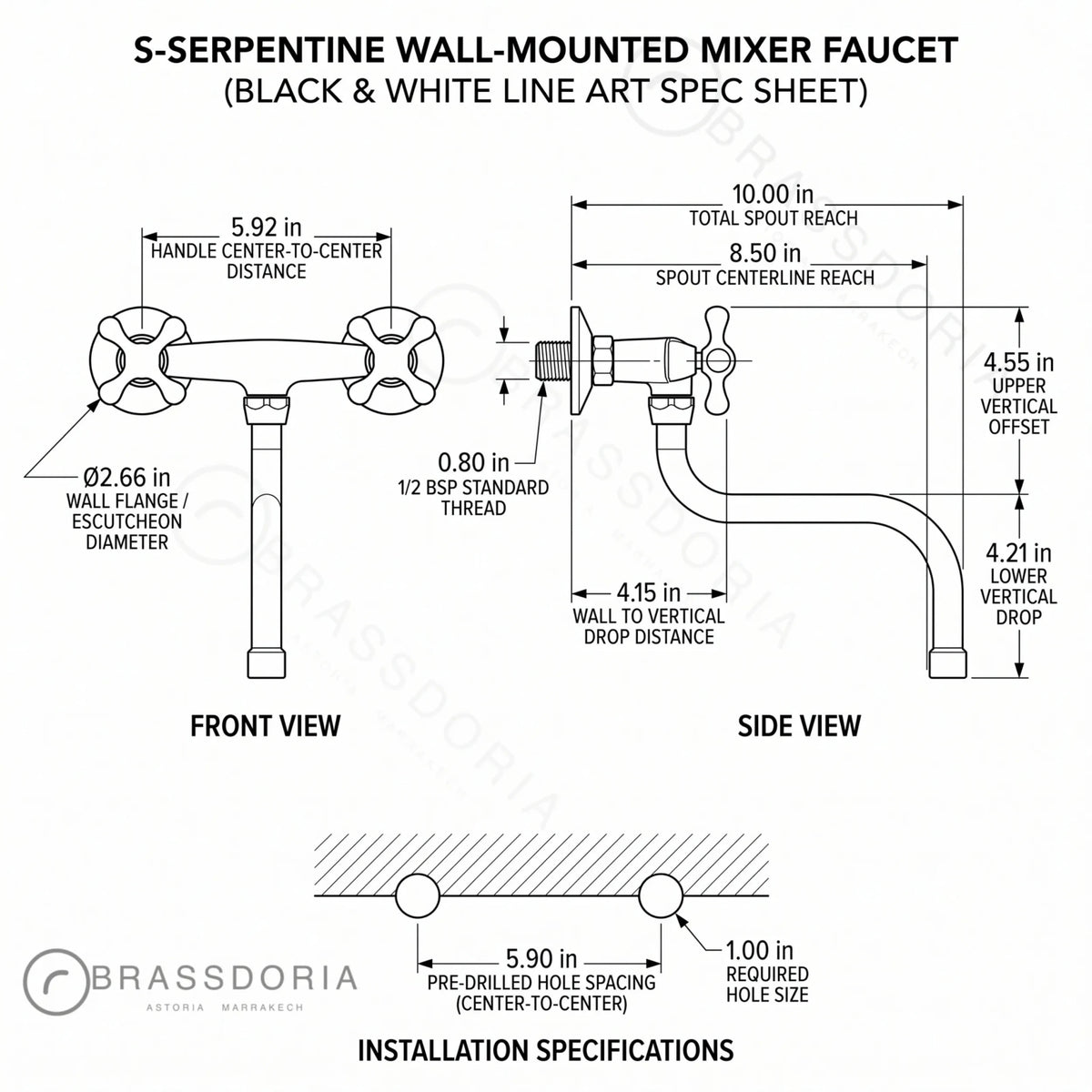 Wall-Mounted Unlacquered Brass Faucet – Cross Handles & Swivel Gooseneck Spout - BRASSDORIA