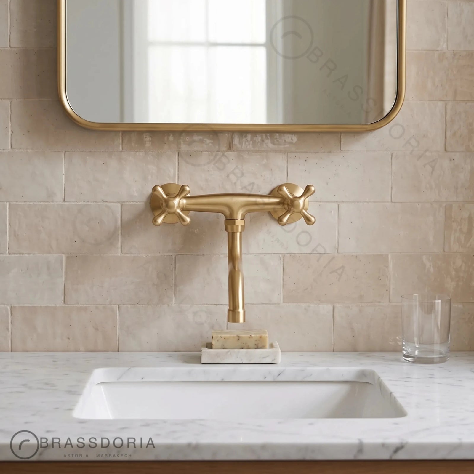 Wall-Mounted Unlacquered Brass Faucet – Cross Handles & Swivel Gooseneck Spout - BRASSDORIA