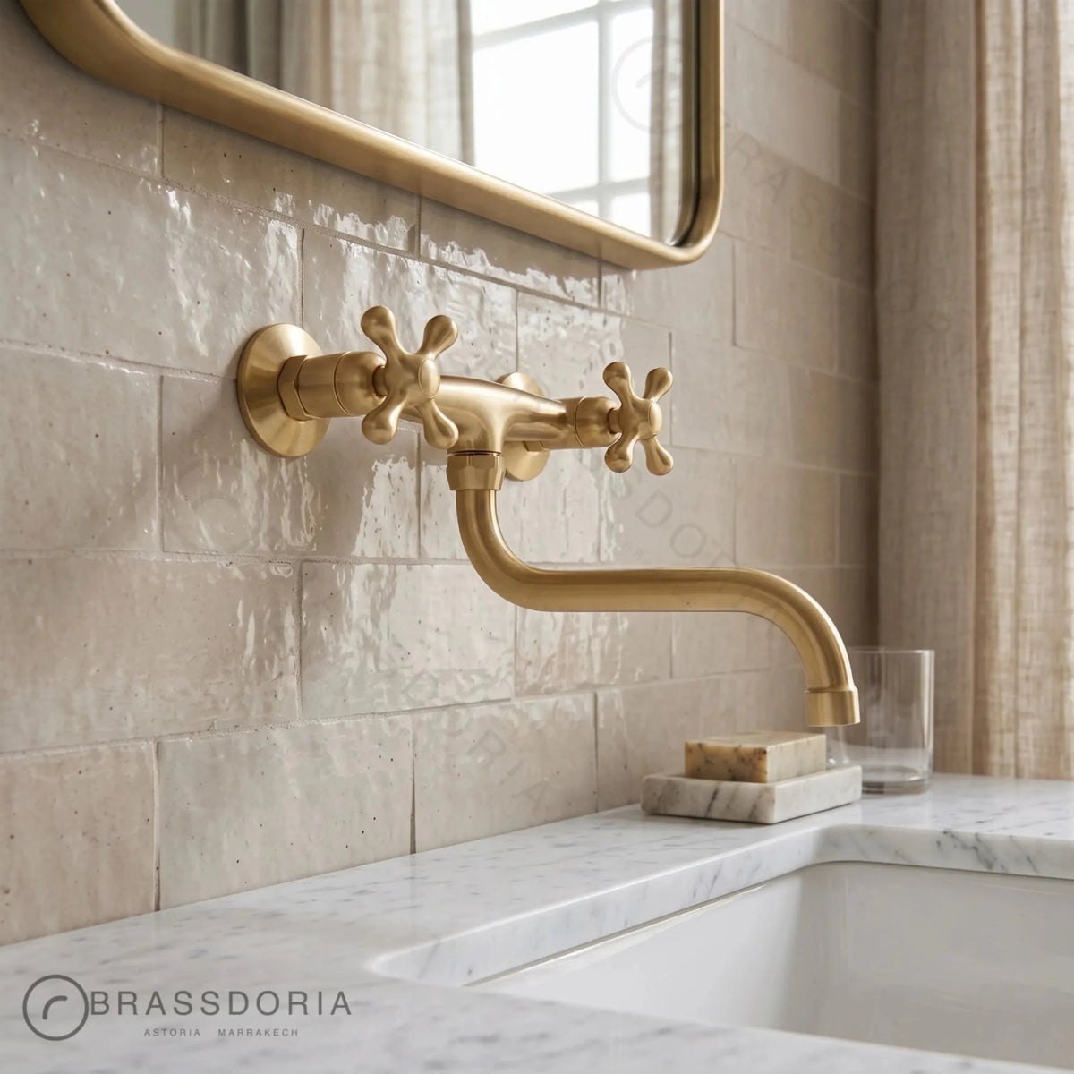 Wall-Mounted Unlacquered Brass Faucet – Cross Handles & Swivel Gooseneck Spout - BRASSDORIA