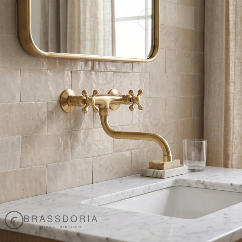 Wall-Mounted Unlacquered Brass Faucet – Cross Handles & Swivel Gooseneck Spout - BRASSDORIA