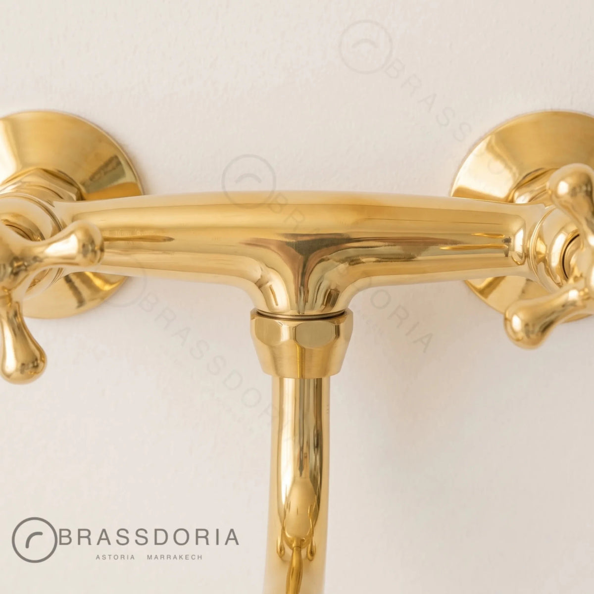 Wall-Mounted Unlacquered Brass Faucet – Cross Handles & Swivel Gooseneck Spout - BRASSDORIA