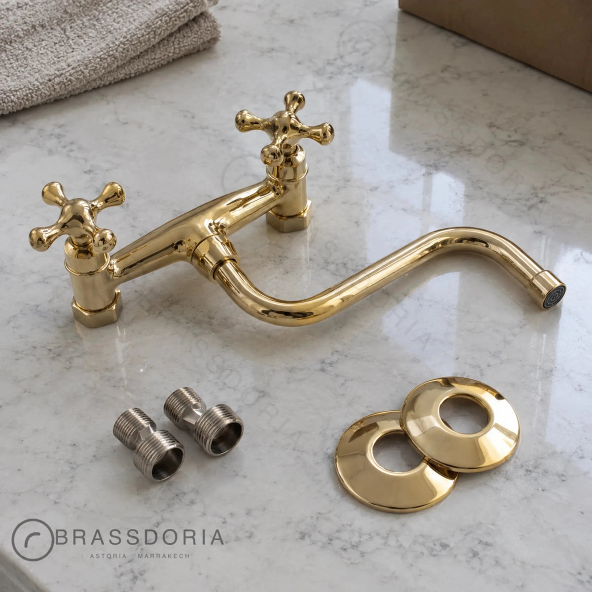 Wall-Mounted Unlacquered Brass Faucet – Cross Handles & Swivel Gooseneck Spout - BRASSDORIA