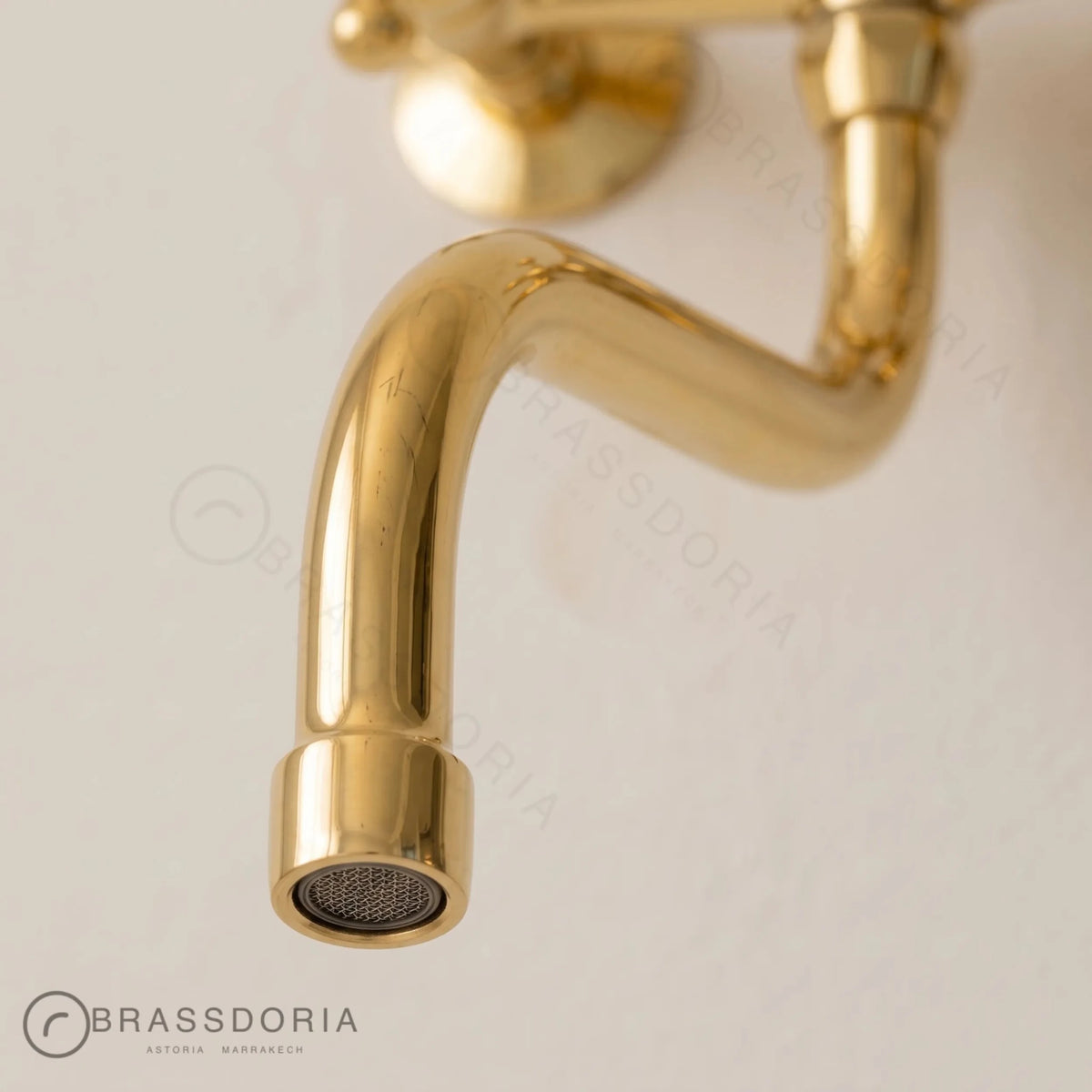 Wall-Mounted Unlacquered Brass Faucet – Cross Handles & Swivel Gooseneck Spout - BRASSDORIA