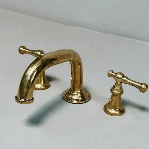 Widespread 3 Holes Solid Unlacquered Brass Faucet, Antique Brass Bathroom Tap - BRASSDORIA