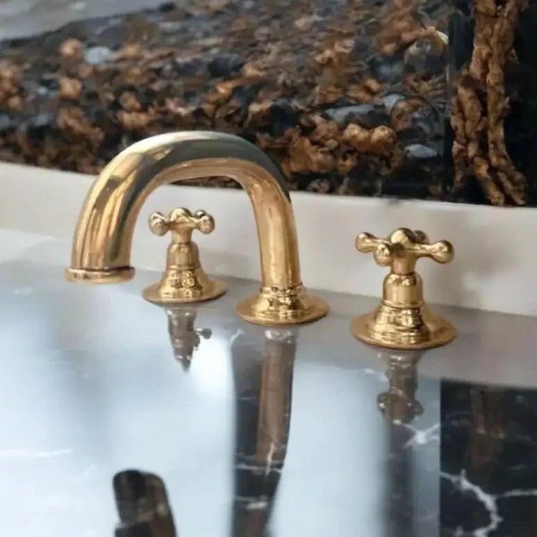 Widespread 3 Holes Solid Unlacquered Brass Faucet, Antique Brass Bathroom Tap - BRASSDORIA