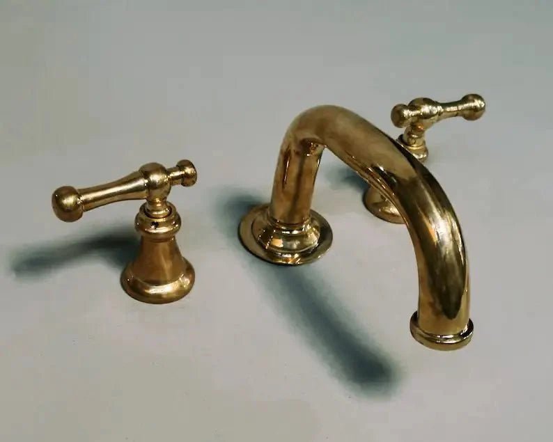 Widespread 3 Holes Solid Unlacquered Brass Faucet, Antique Brass Bathroom Tap - BRASSDORIA
