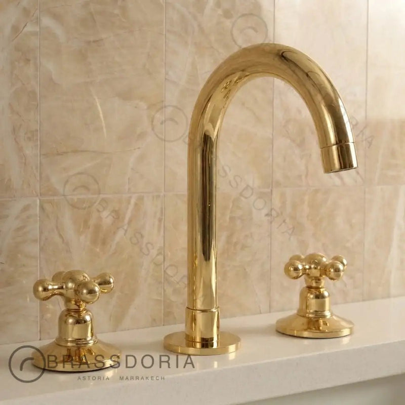 Widespread 3 Holes Solid Unlacquered Brass Faucet, Vanity Sink Bathroom Tap - BRASSDORIA