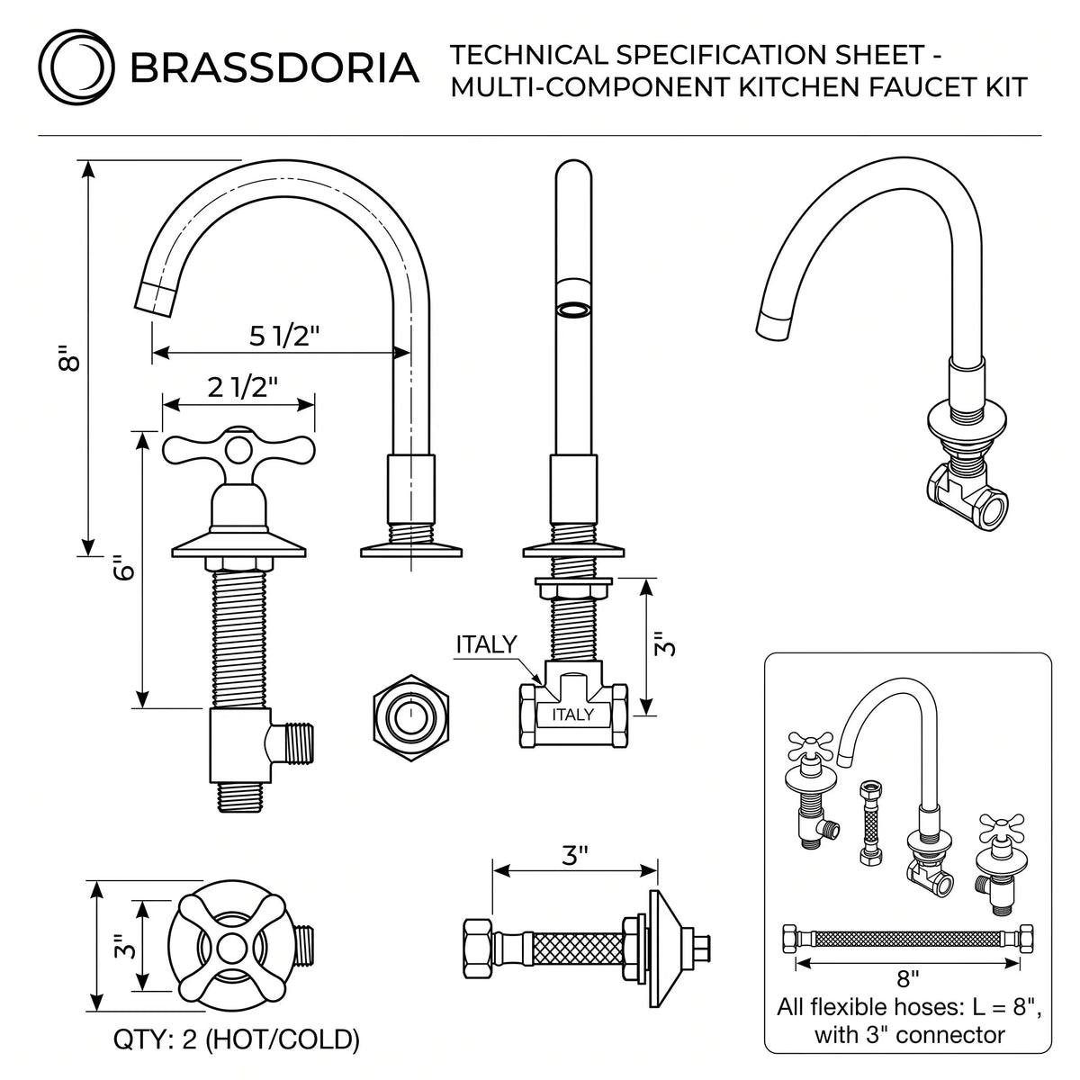 Widespread 3 Holes Solid Unlacquered Brass Faucet, Vanity Sink Bathroom Tap - BRASSDORIA