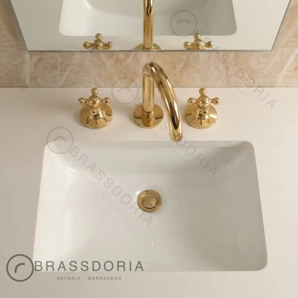 Widespread 3 Holes Solid Unlacquered Brass Faucet, Vanity Sink Bathroom Tap - BRASSDORIA