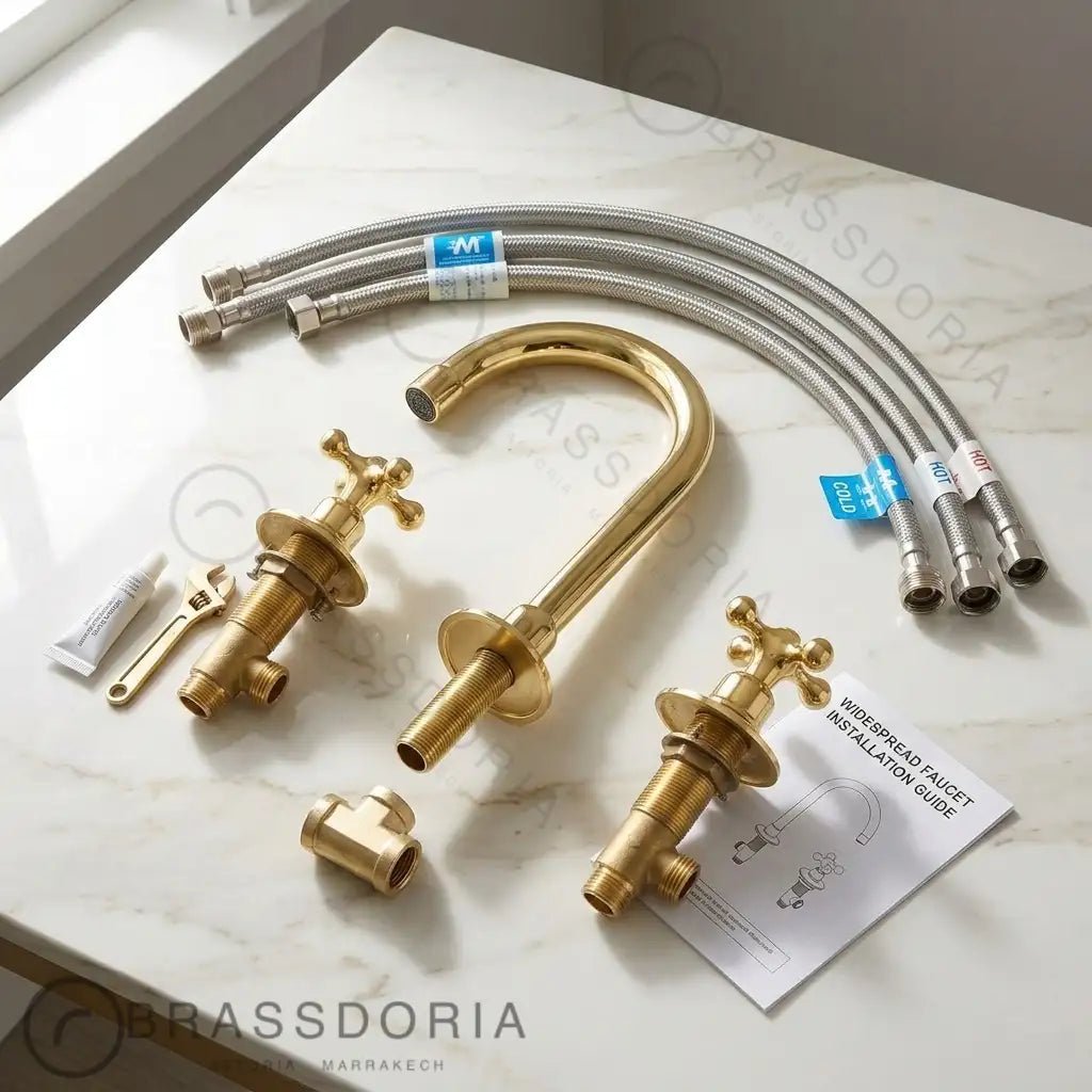 Widespread 3 Holes Solid Unlacquered Brass Faucet, Vanity Sink Bathroom Tap - BRASSDORIA