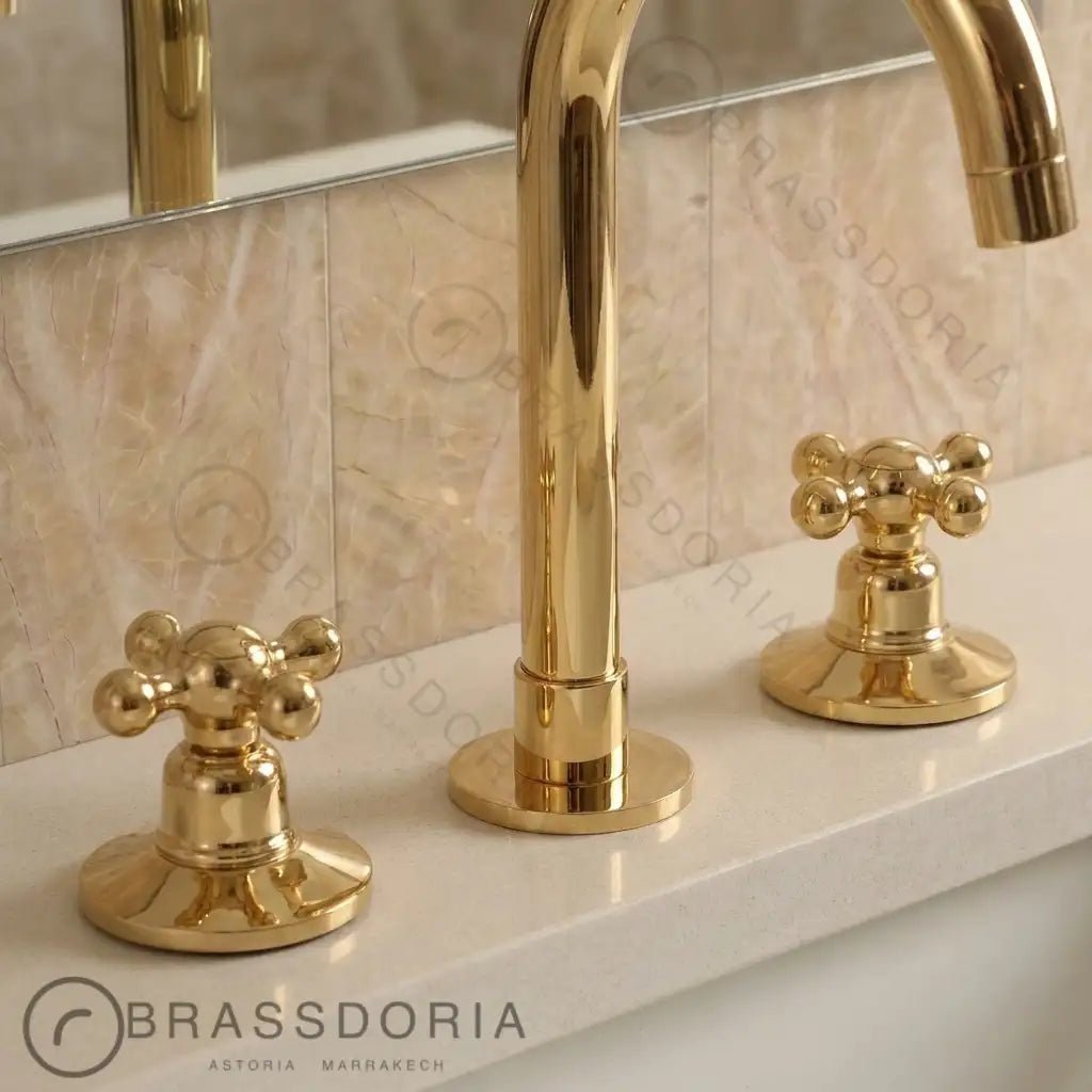 Widespread 3 Holes Solid Unlacquered Brass Faucet, Vanity Sink Bathroom Tap - BRASSDORIA