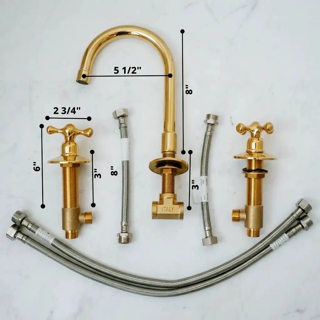 Widespread 3 Holes Solid Unlacquered Brass Faucet, Vanity Sink Bathroom Tap - BRASSDORIA