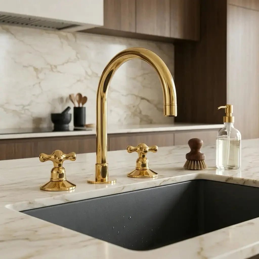Widespread 3 Holes Solid Unlacquered Brass Faucet, Vanity Sink Bathroom Tap - BRASSDORIA