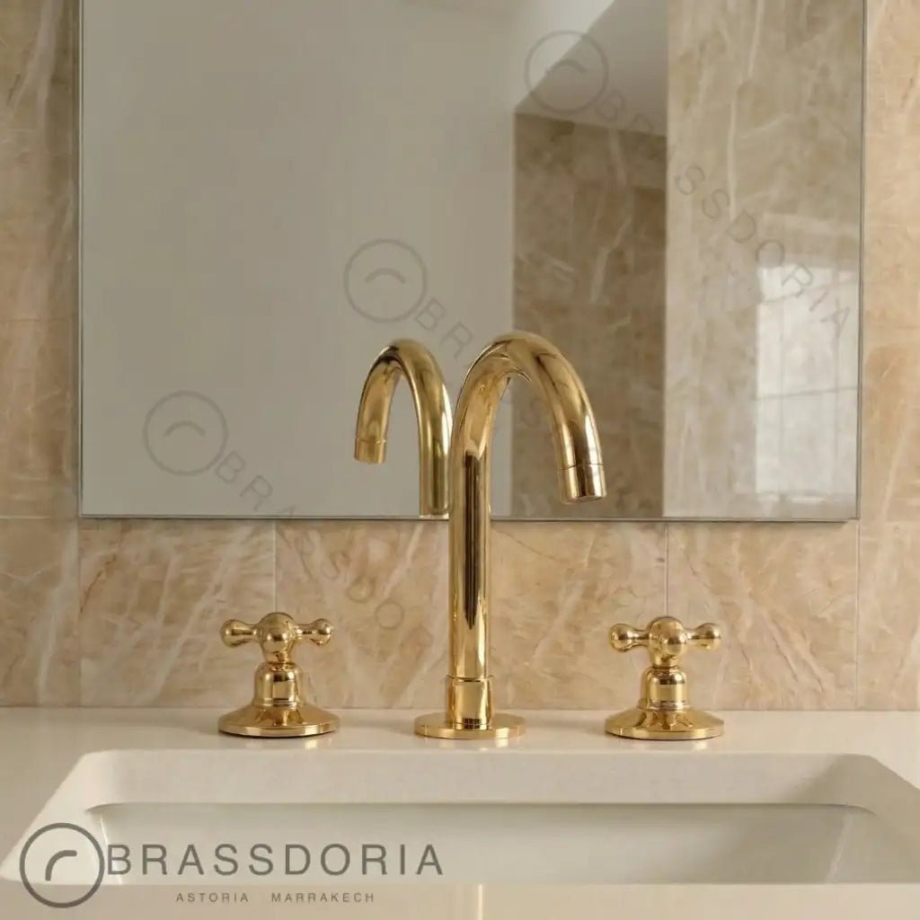 Widespread 3 Holes Solid Unlacquered Brass Faucet, Vanity Sink Bathroom Tap - BRASSDORIA
