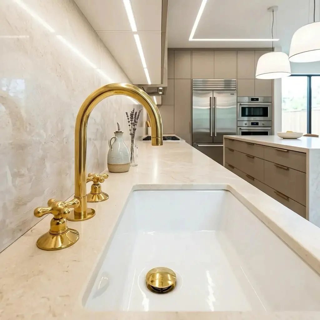 Widespread 3 Holes Solid Unlacquered Brass Faucet, Vanity Sink Bathroom Tap - BRASSDORIA